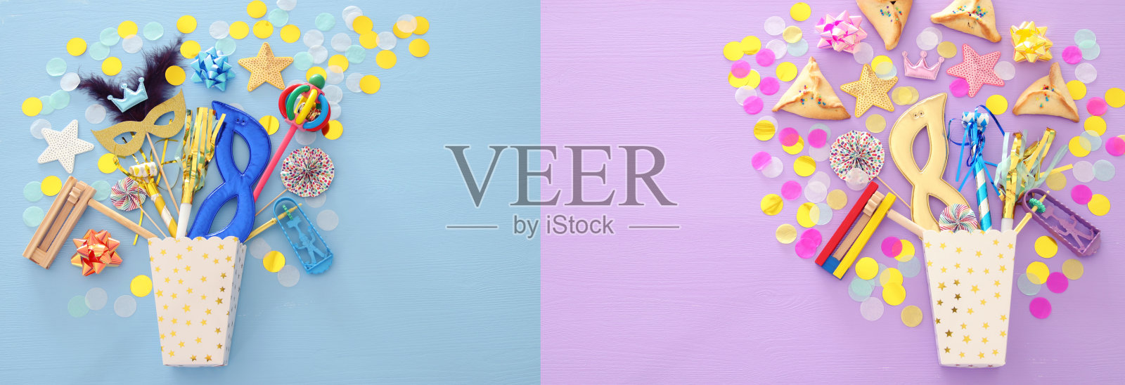 普林节庆祝概念(犹太狂欢节节日)在木制的粉红色和蓝色背景。照片摄影图片