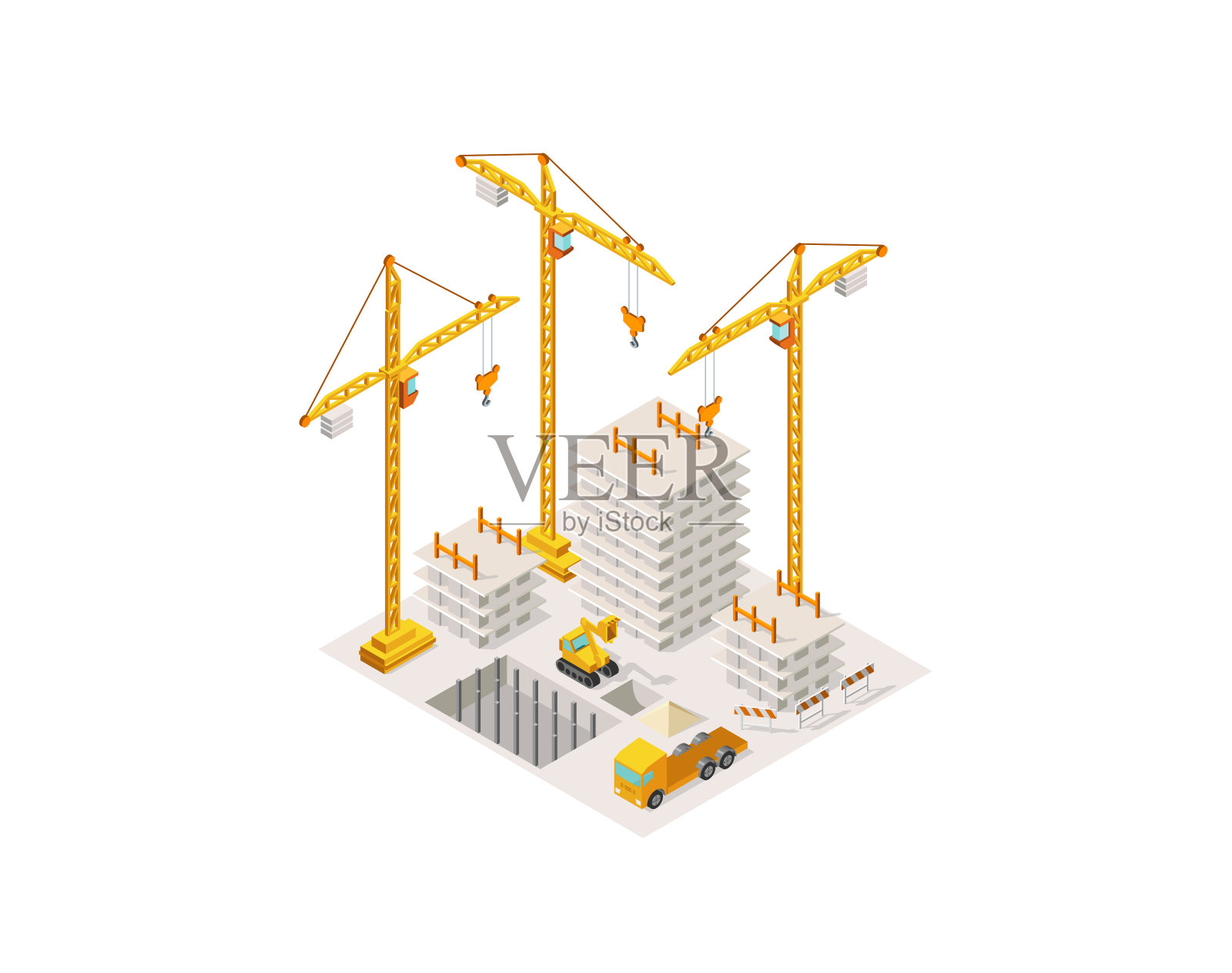等距建筑建筑房屋。起重吊车。施工过程中混凝土框架建筑面积。插画图片素材