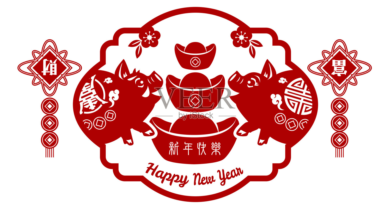 2019年中国猪新年，传统装饰风格的剪纸贺卡。幸运和美好的新年。设计模板素材