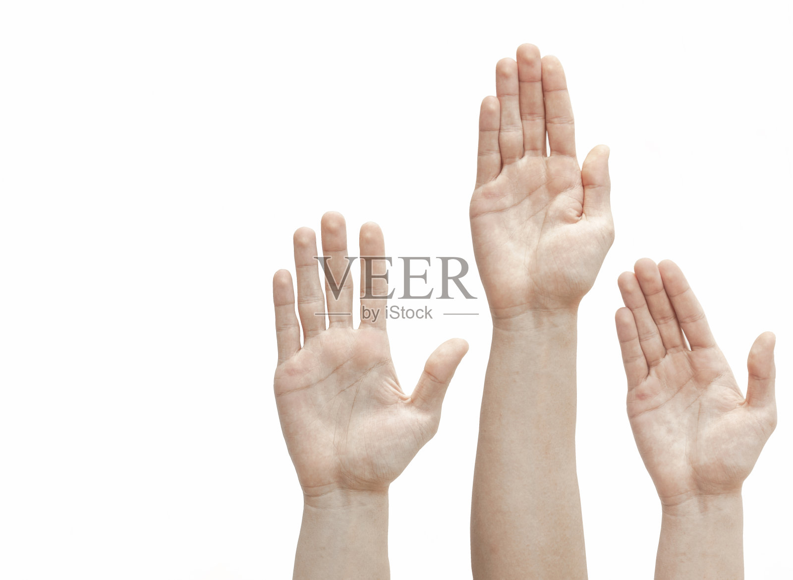举起双手，手掌，手指放在白色的背景上照片摄影图片
