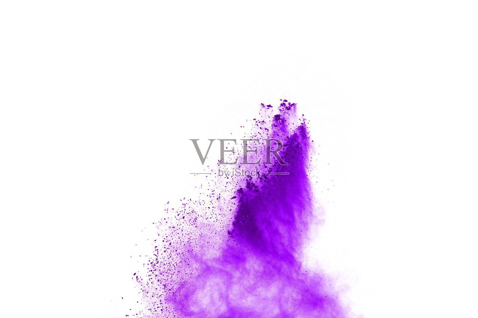 粉末爆炸。一个紫色尘埃粒子爆炸的特写，孤立在白色上。抽象的背景。照片摄影图片