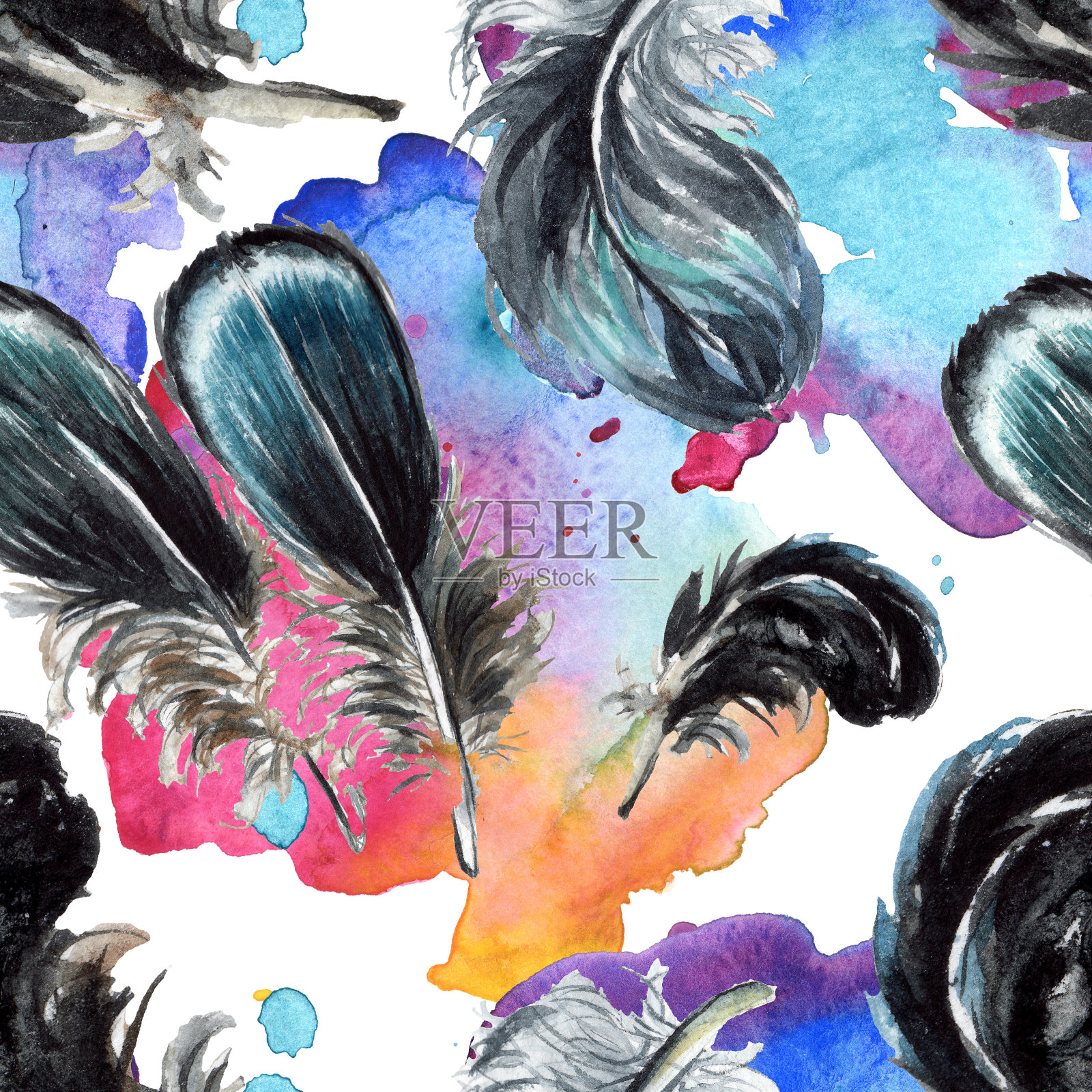 黑色的羽毛。水彩画时尚水彩画。无缝的背景图案。织物墙纸印花纹理。插画图片素材