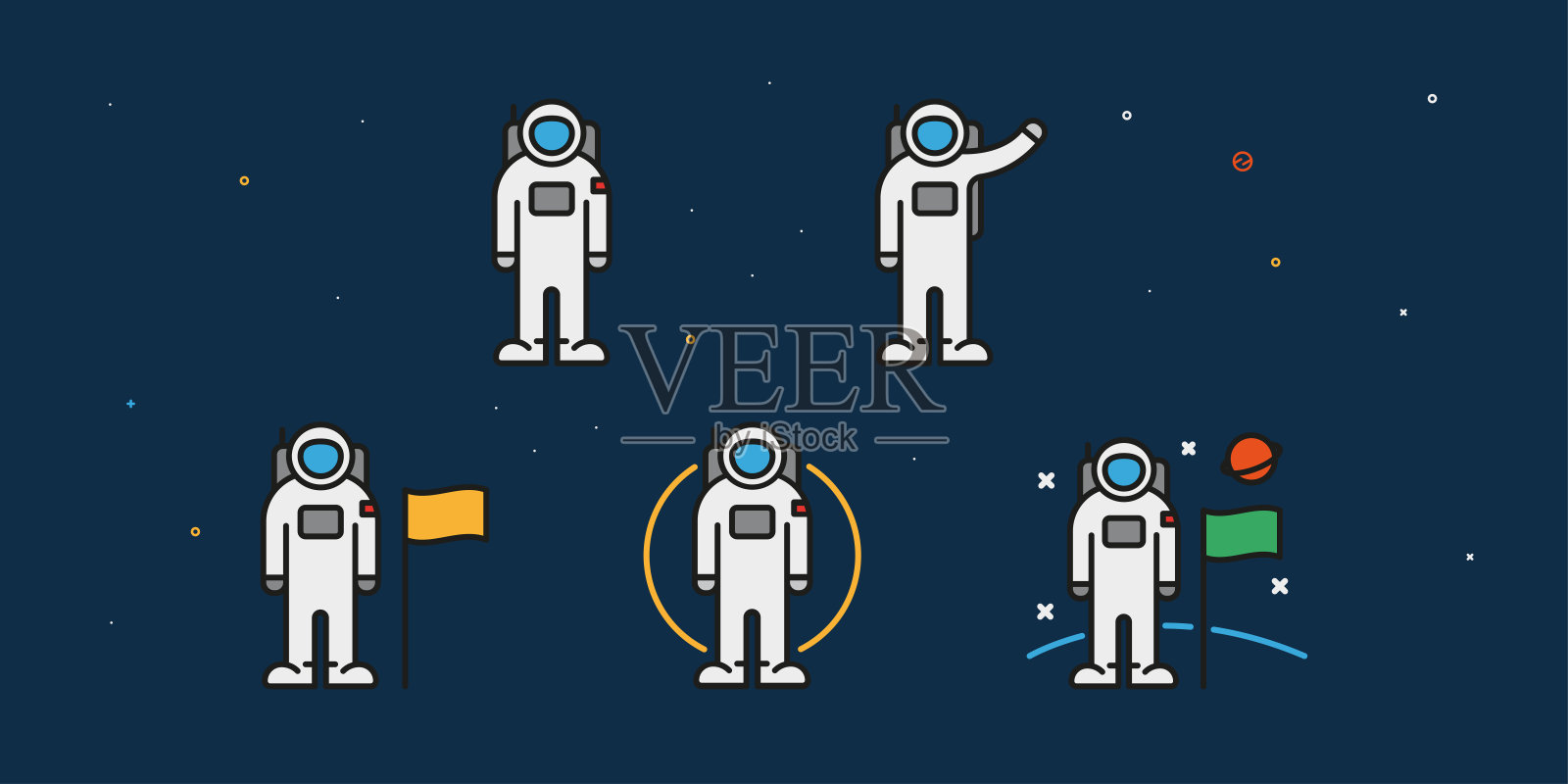 宇航员，宇航员角色的姿势。人类登上月球的概念。太空旅行。最小颜色平坦线轮廓描边图标。插画图片素材