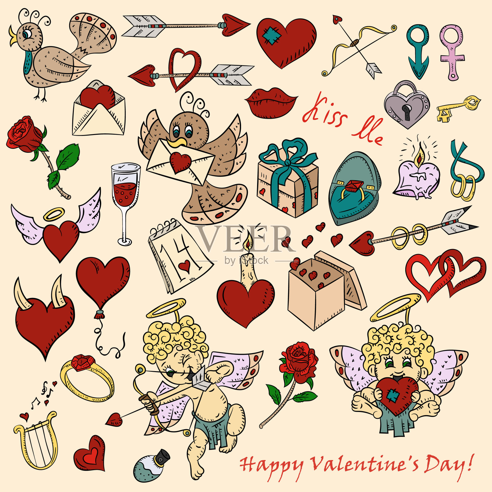 彩色轮廓插图在风格的儿童涂鸦在情人节，为设计和装饰的明信片横幅，印刷和网络，背景和包装一大批图标插画图片素材