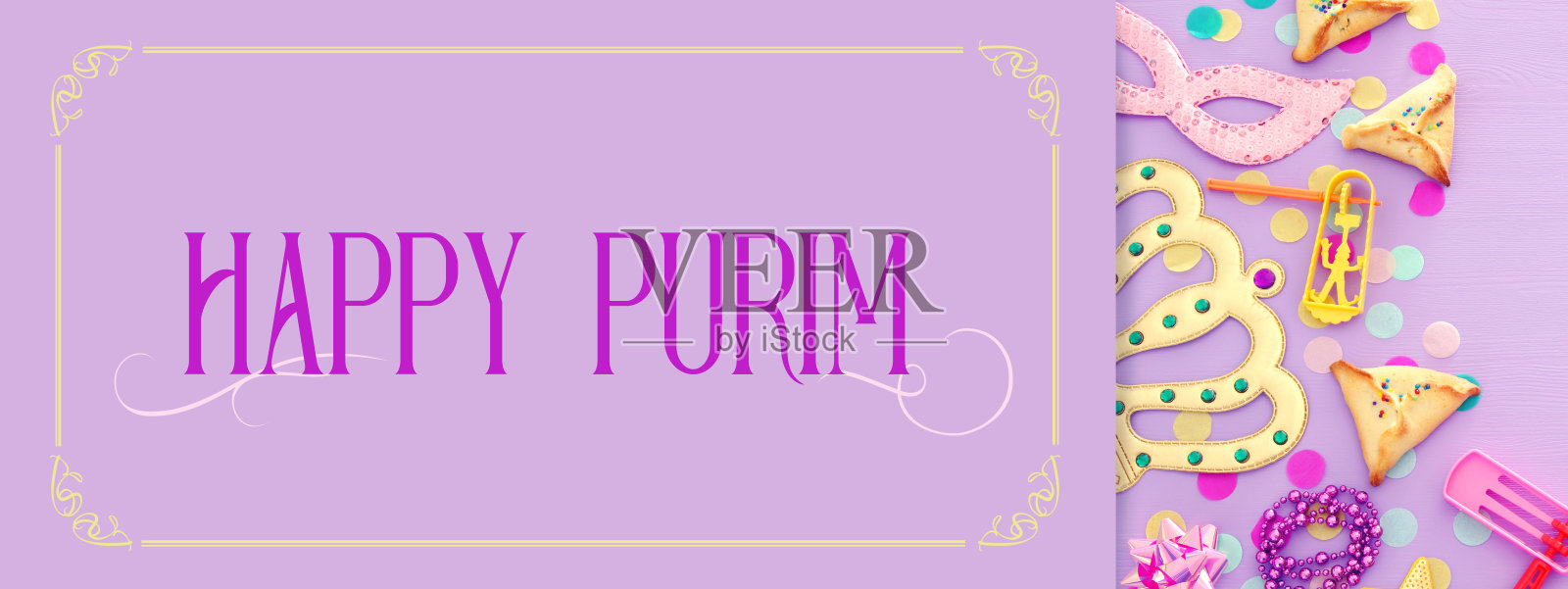 普林节庆祝概念(犹太狂欢节节日)在木制的粉红色背景照片摄影图片