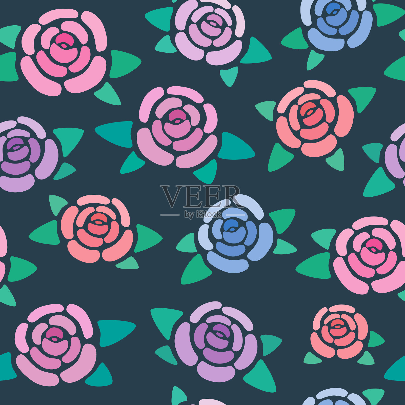 无缝图案与玫瑰在黑暗的背景，漂亮和简单的程式化，鲜花，矢量壁纸插画图片素材