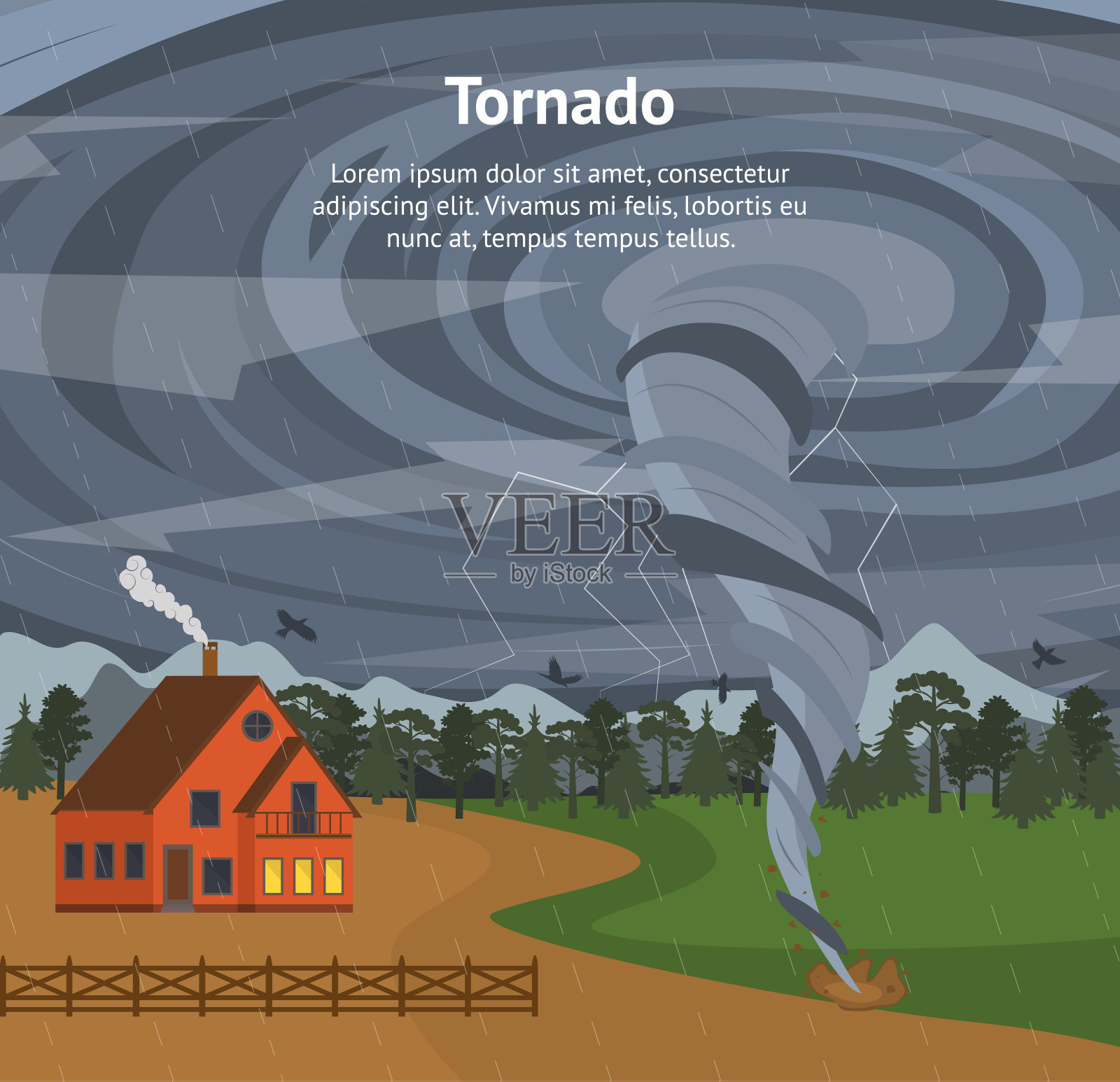 卡通房子和龙卷风卡片海报。向量插画图片素材