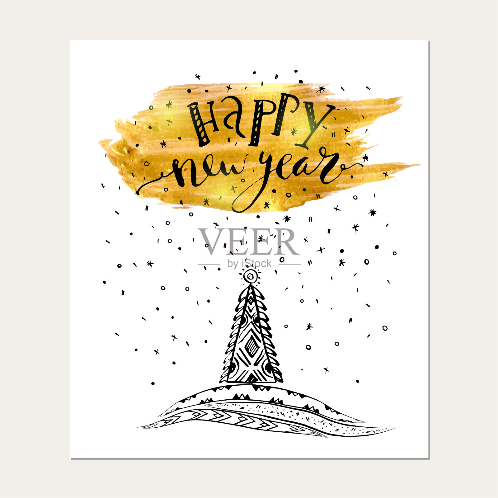 手绘圣诞卡与字母，雪花，圣诞树，金色纹理的白色背景。插画图片素材