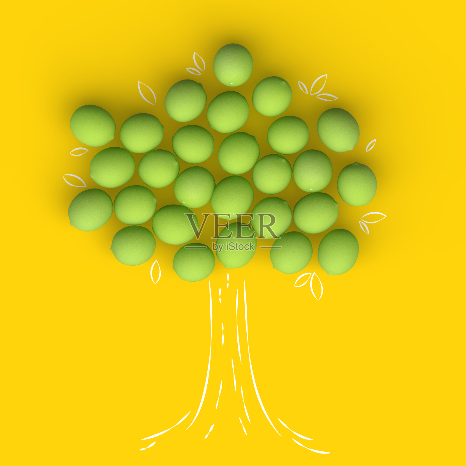 绿色的石灰在桌子上与手绘的树元素。创造性的插图，正面或以上的观点。3 d渲染。照片摄影图片