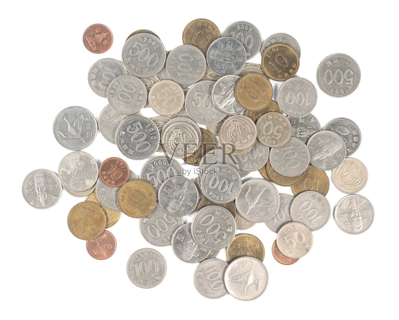 一堆韩国硬币照片摄影图片