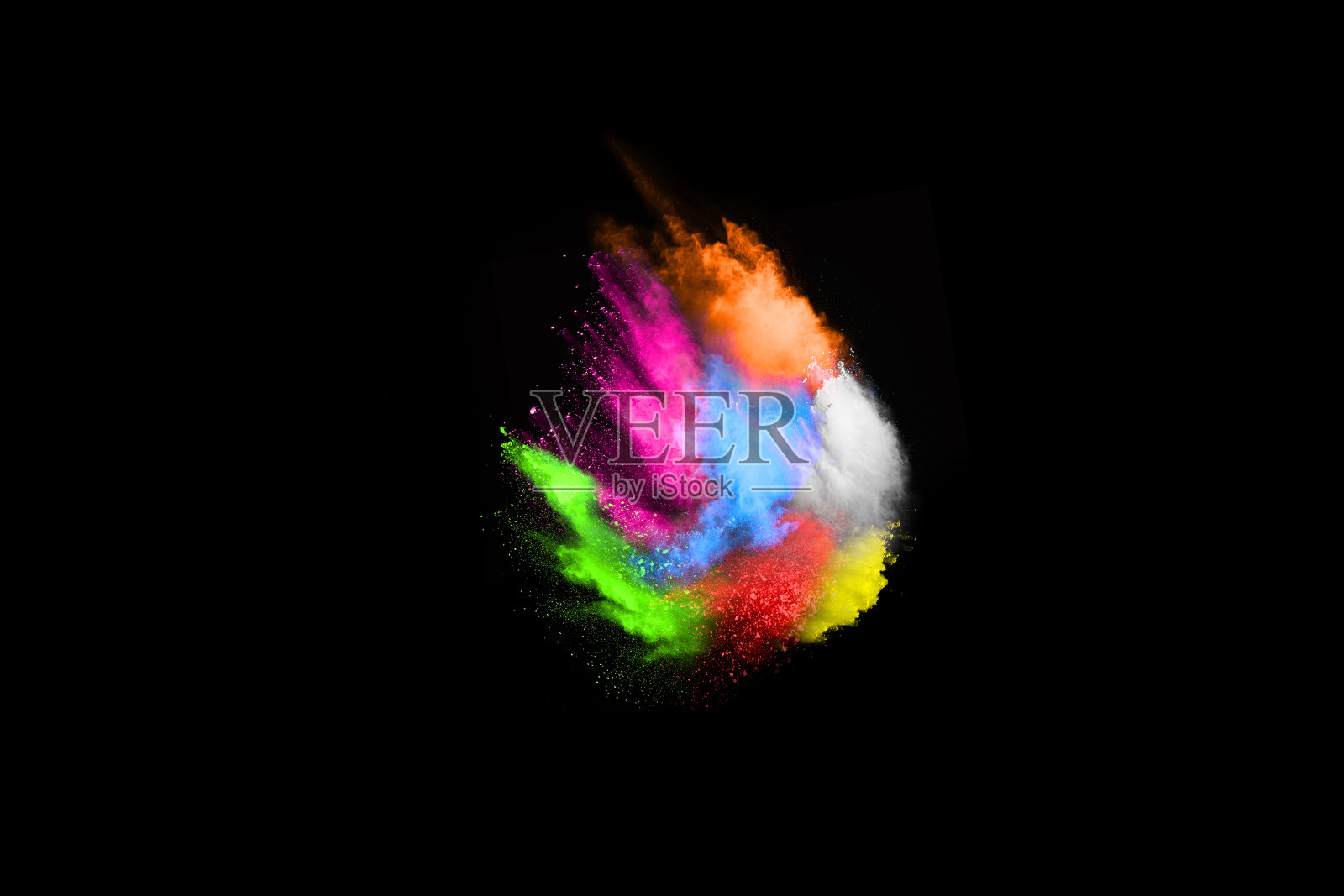 黑色背景上的彩色粉尘爆炸。抽象的粉末溅射背景，冷冻运动的彩色粉末爆炸/投掷彩色粉末，多色闪光纹理。照片摄影图片