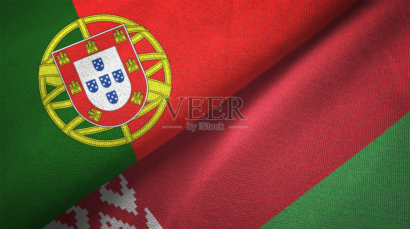 白俄罗斯和葡萄牙两国国旗关系紧密，织物织物质地照片摄影图片