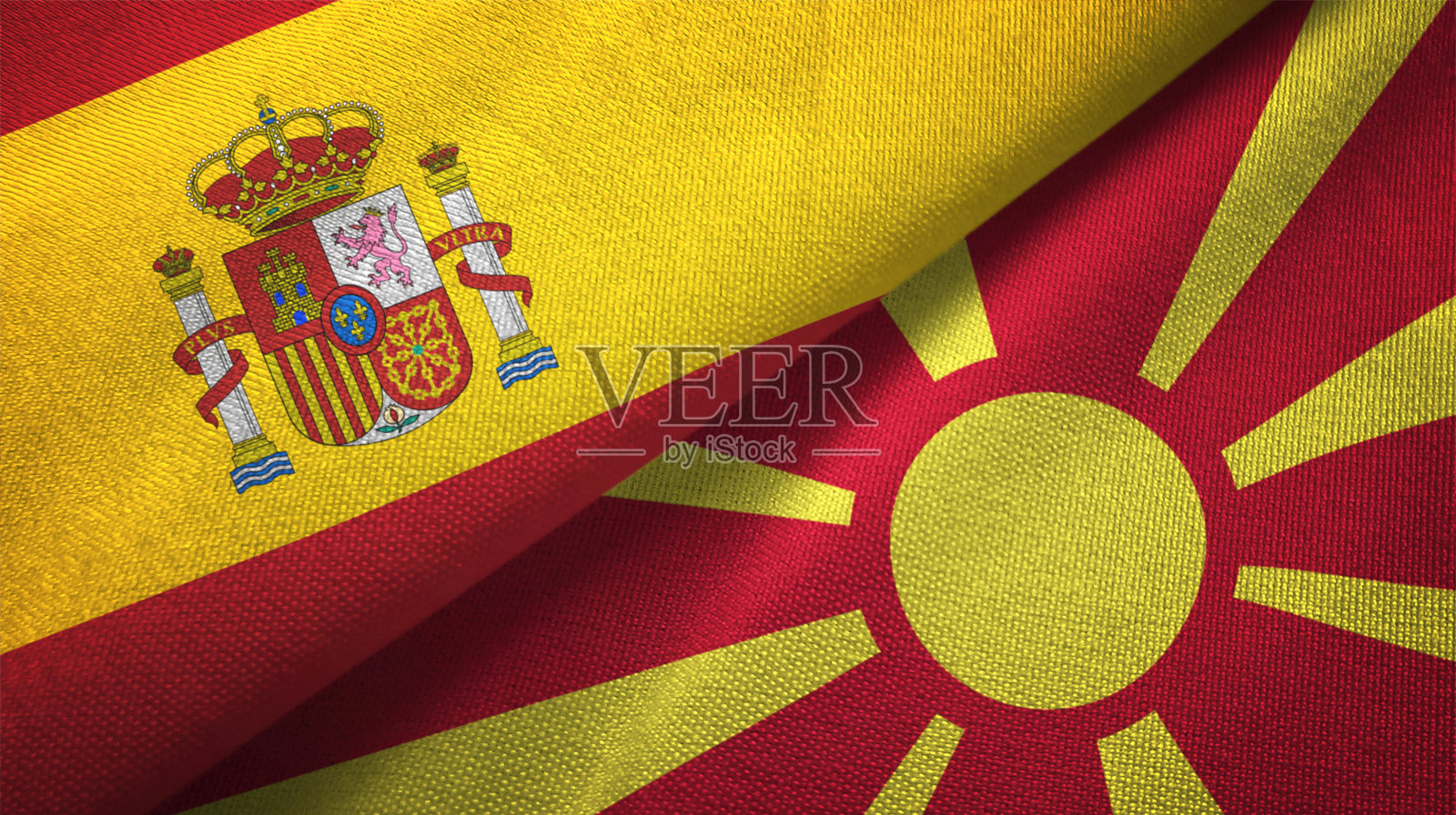 马其顿和西班牙两国国旗一起关系纺织品布织物质地照片摄影图片