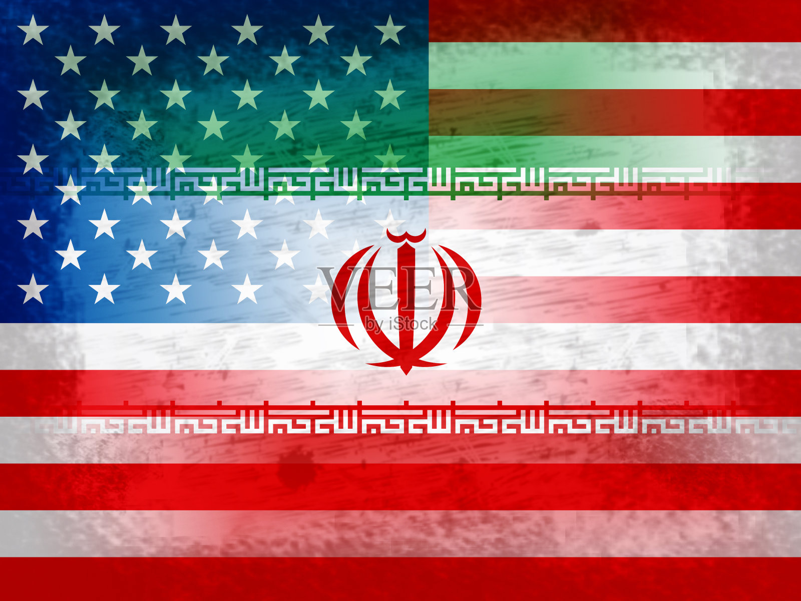 美国伊朗冲突与制裁或协议旗帜 - 2D图示照片摄影图片
