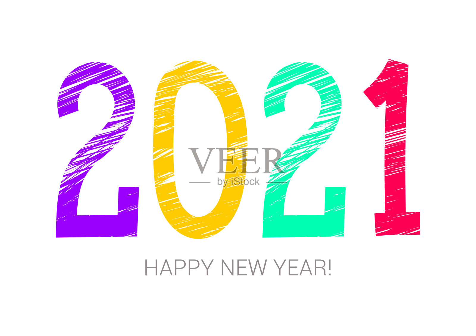 2021年缤纷的象征。新年快乐。旗帜,卡。紫色，黄色，绿色和红色。贺卡,海报。粉笔或铅笔手绘。涂鸦插画图片素材