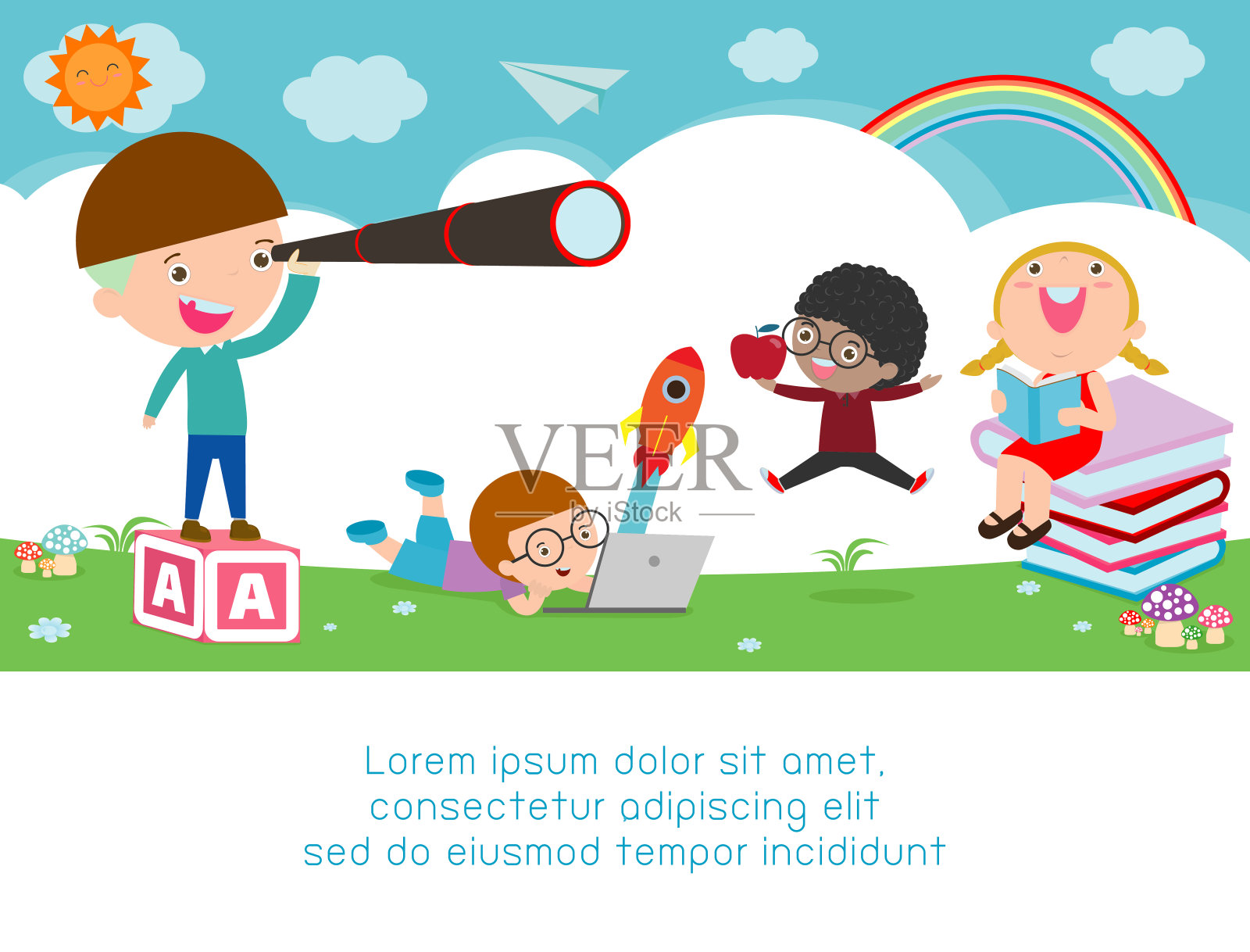 回到学校，儿童学校，教育理念，儿童上学，广告宣传册模板，您的文字，儿童和框架，儿童和框架，矢量插图插画图片素材