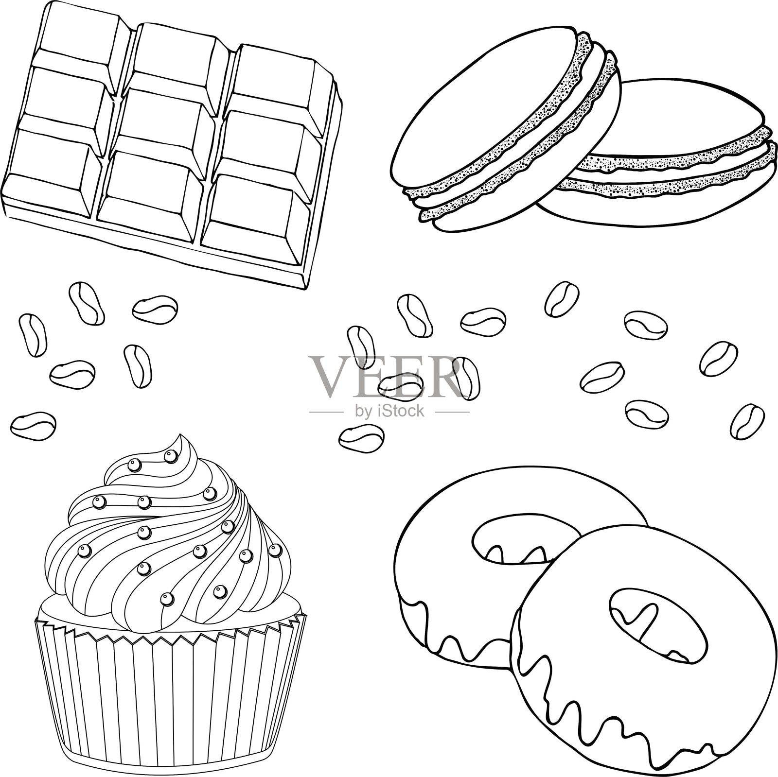 巧克力甜点集合。巧克力纸杯蛋糕，甜甜圈或甜甜圈，蛋糕马卡龙或马卡龙，巧克力和咖啡豆分离在白色的背景。矢量图插画图片素材