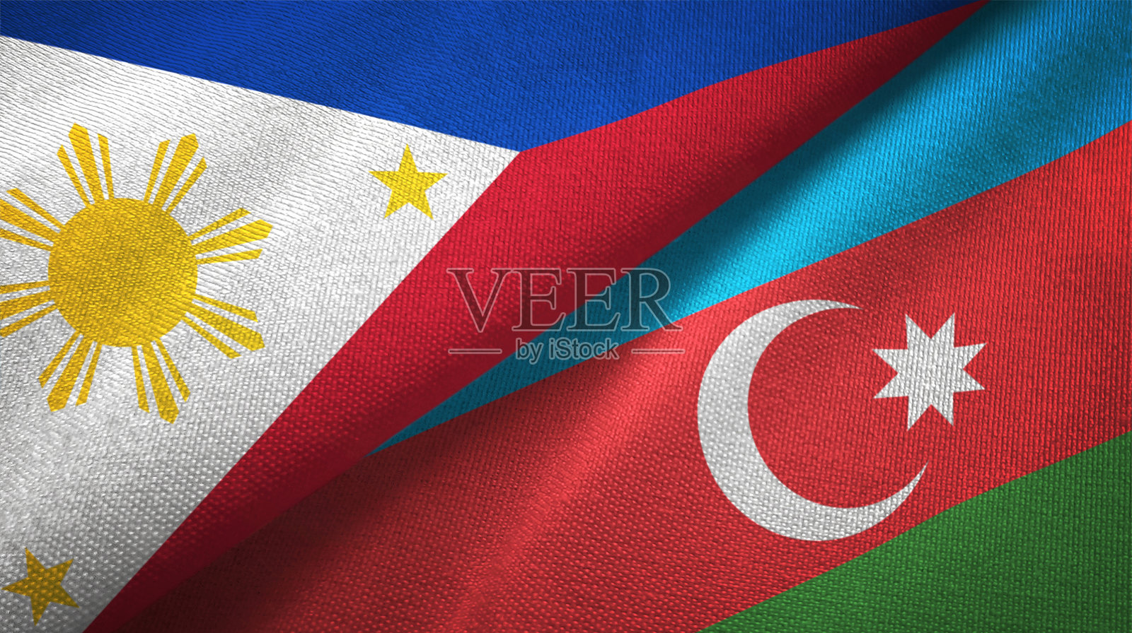阿塞拜疆和菲律宾的两面旗子交织在一起，织物质地照片摄影图片