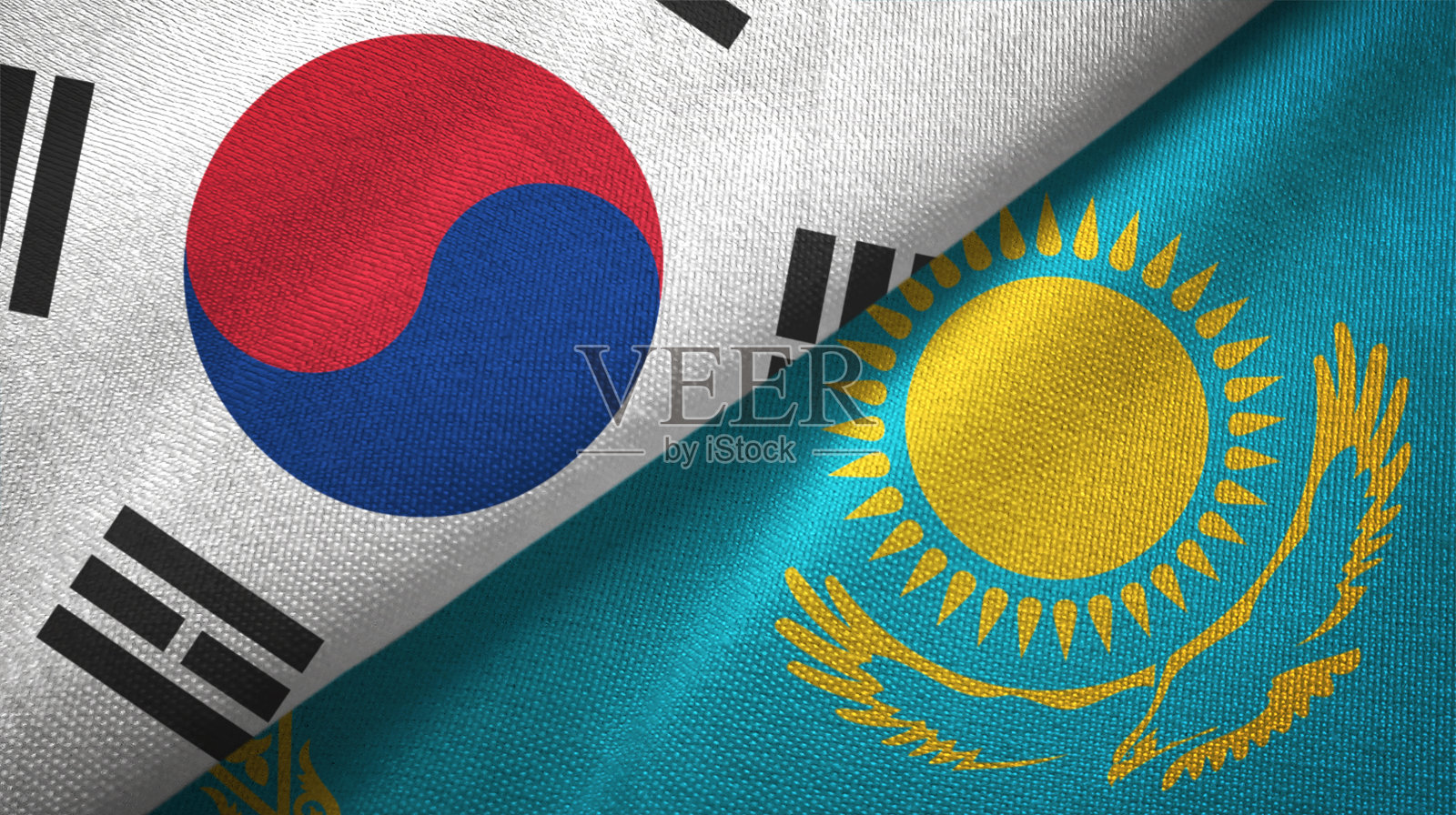 哈萨克斯坦和韩国的两面旗子一起织布织物纹理照片摄影图片