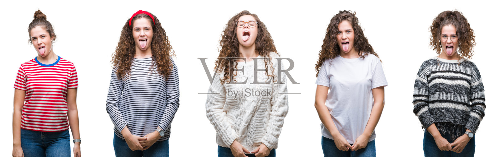 拼贴的年轻的黑发卷曲的女孩在孤立的背景伸出舌头快乐与有趣的表情。情感的概念。照片摄影图片