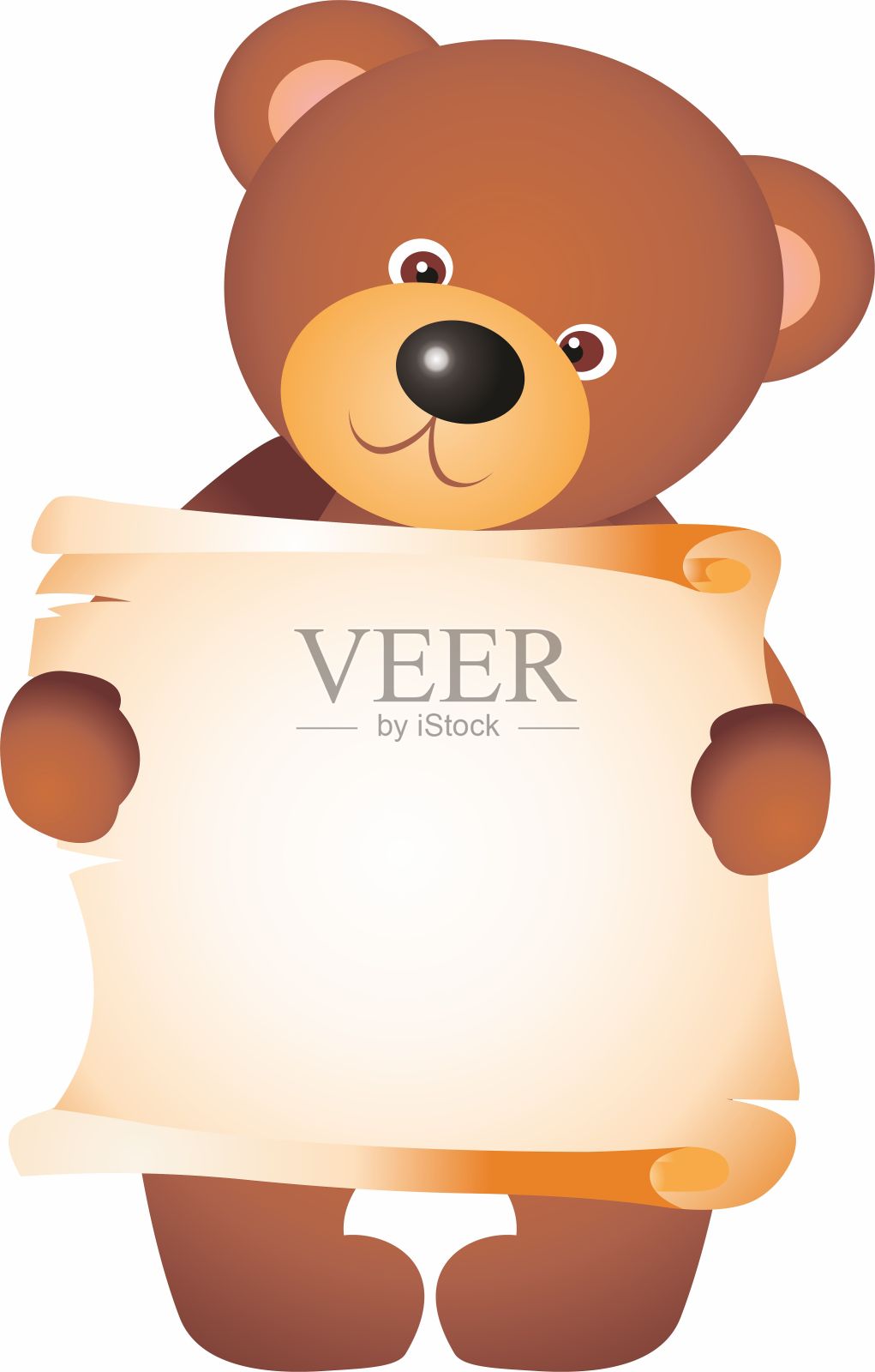 卡通人物小泰迪熊，站在一张苍老的空白羊皮卷上。白底插图插画图片素材