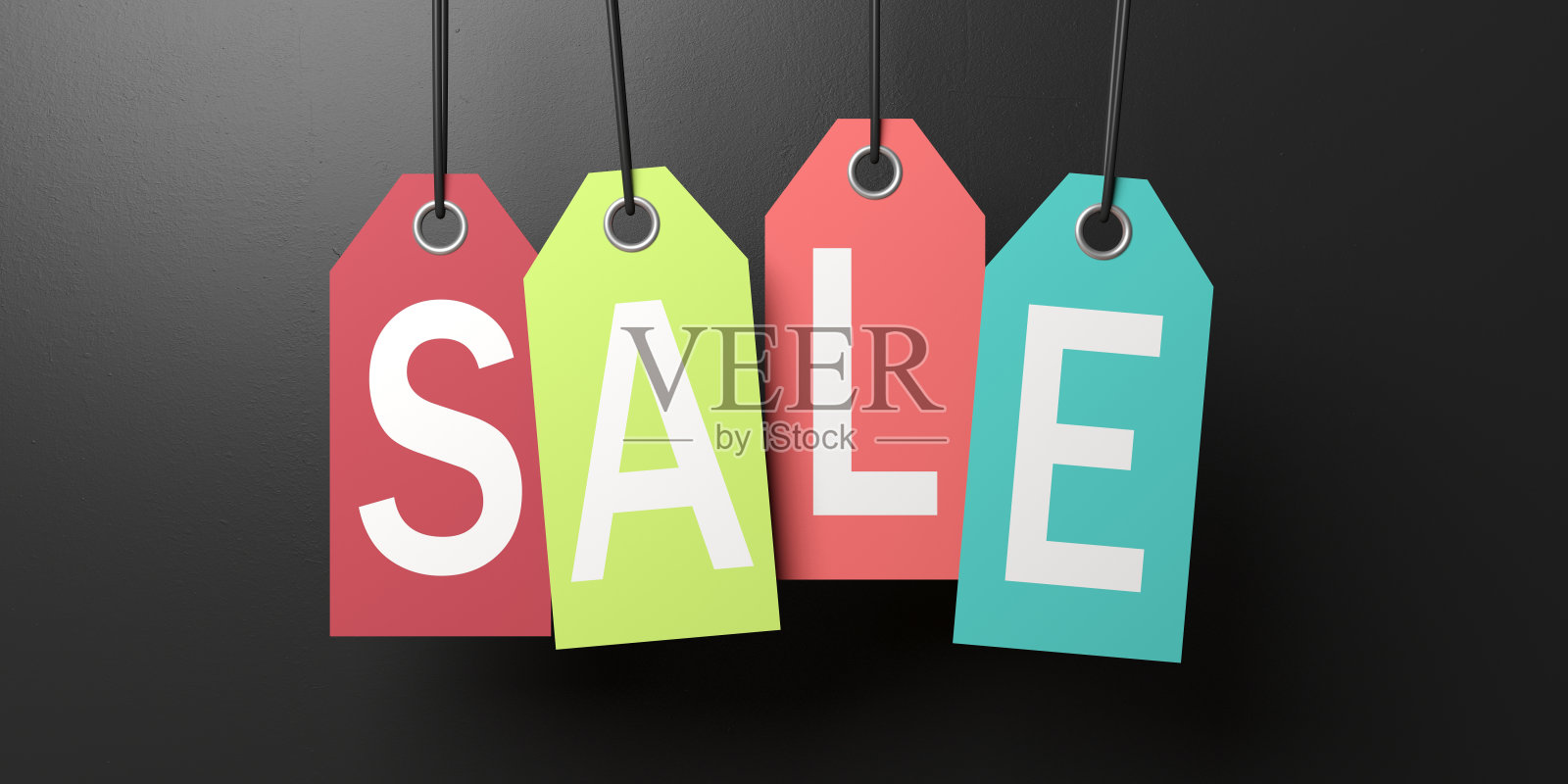 文字销售信彩色纸标签孤立在黑色背景。三维演示照片摄影图片