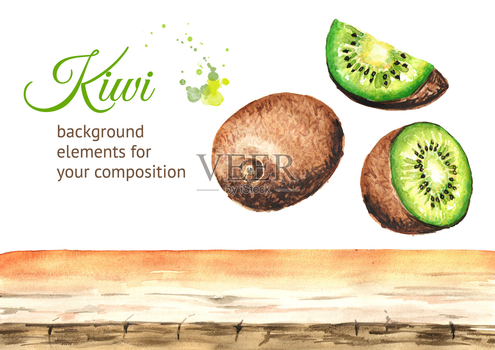 猕猴桃背景元素。水彩手绘插图孤立的白色背景插画图片素材