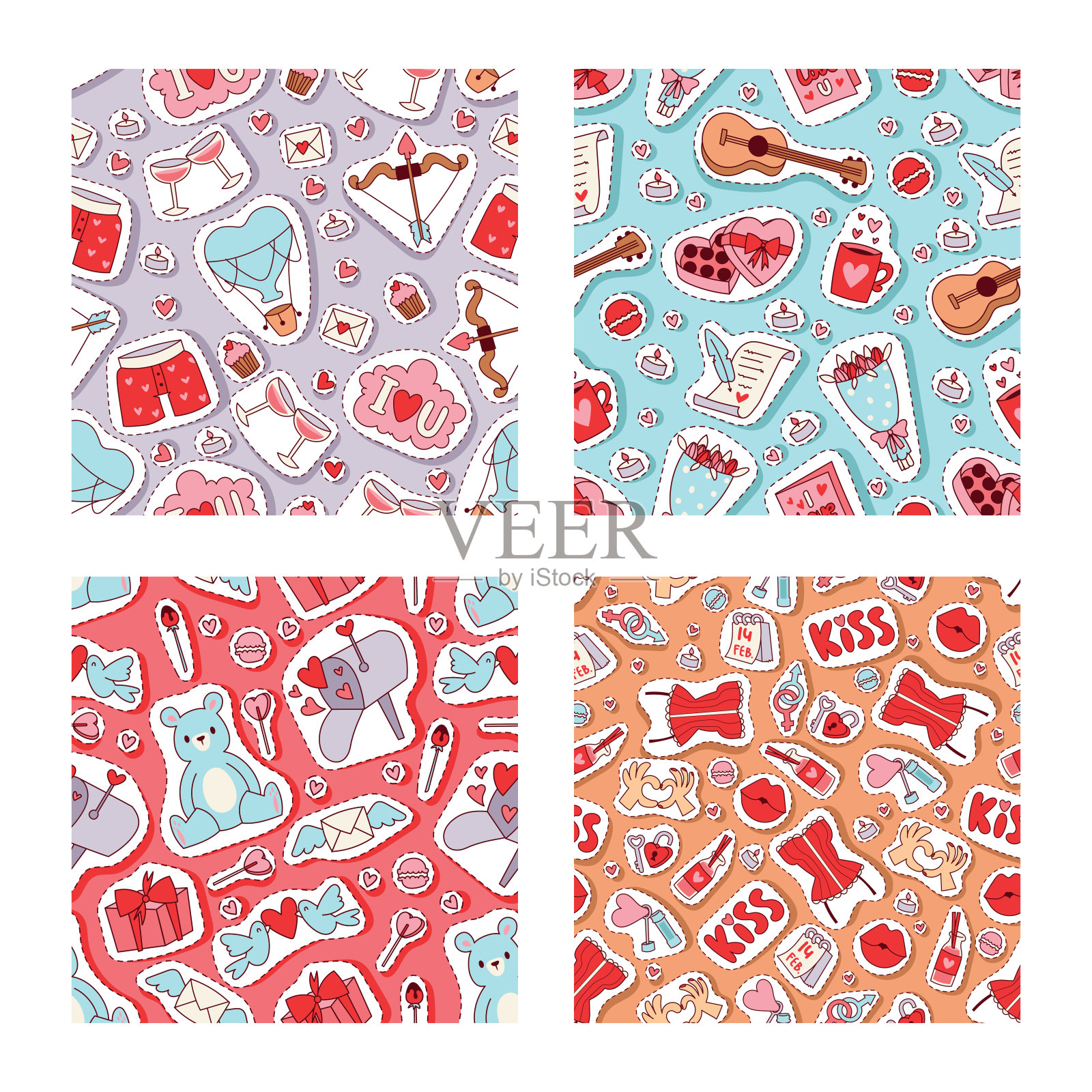 情人节矢量插图。无缝图案有心形，熊玩具，花，鸟，箭，浪漫的信件，糖果为织物，玻璃与酒贴纸纺织品，包装纸。设计模板素材