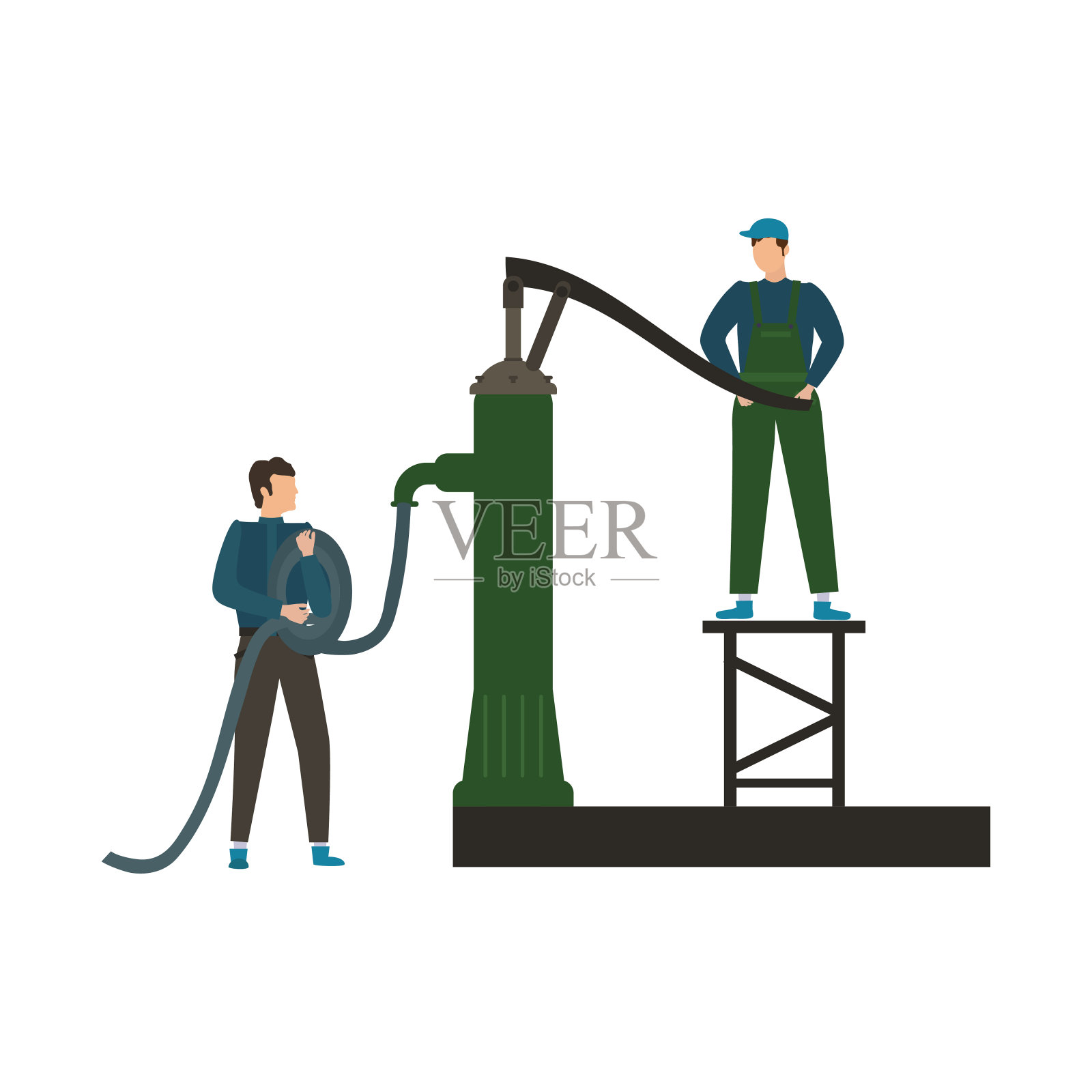 两个穿着工作服的园丁和一个手动水泵。概念园艺和耕作。矢量图插画图片素材