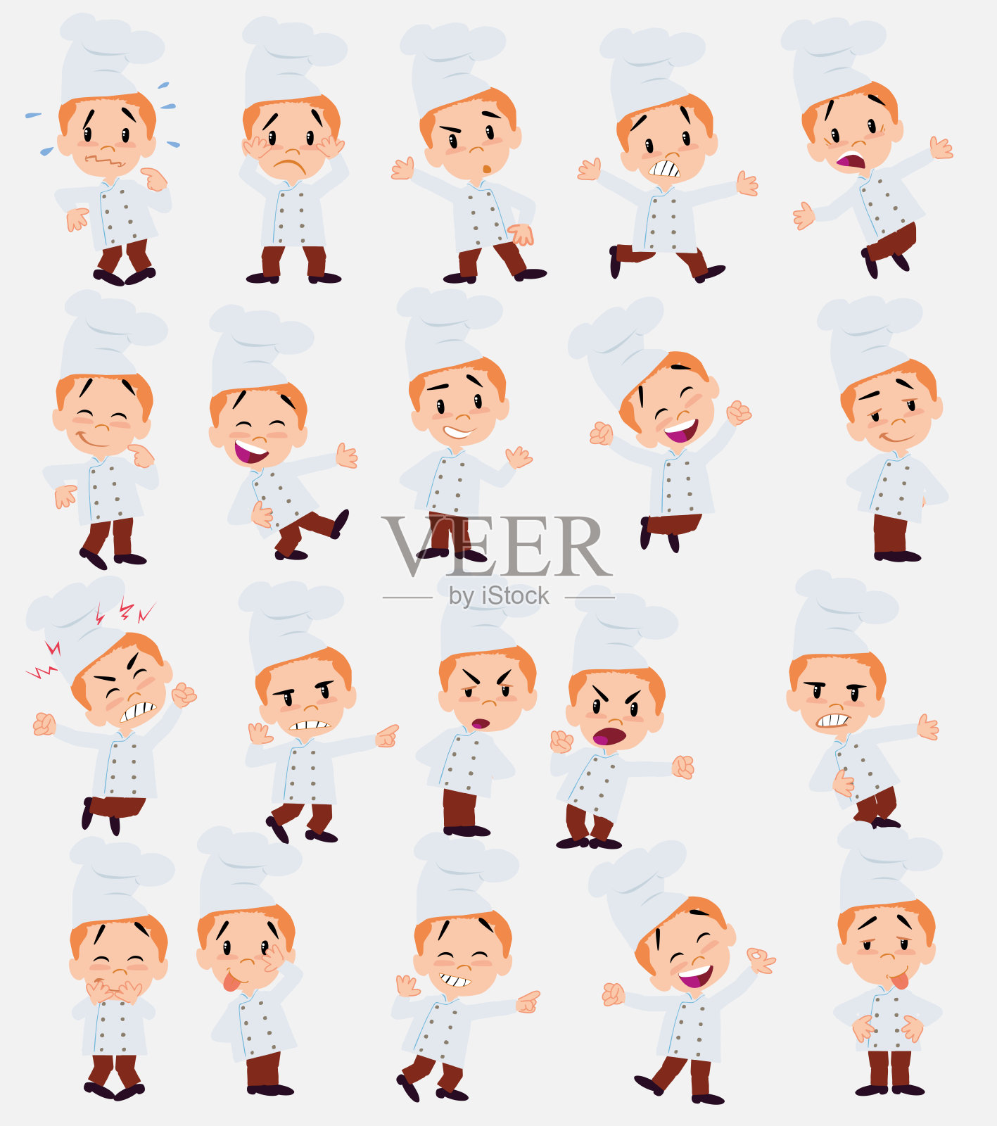 卡通人物厨师。设置不同的姿势，姿态和姿势，做不同的活动在孤立的矢量插图。插画图片素材