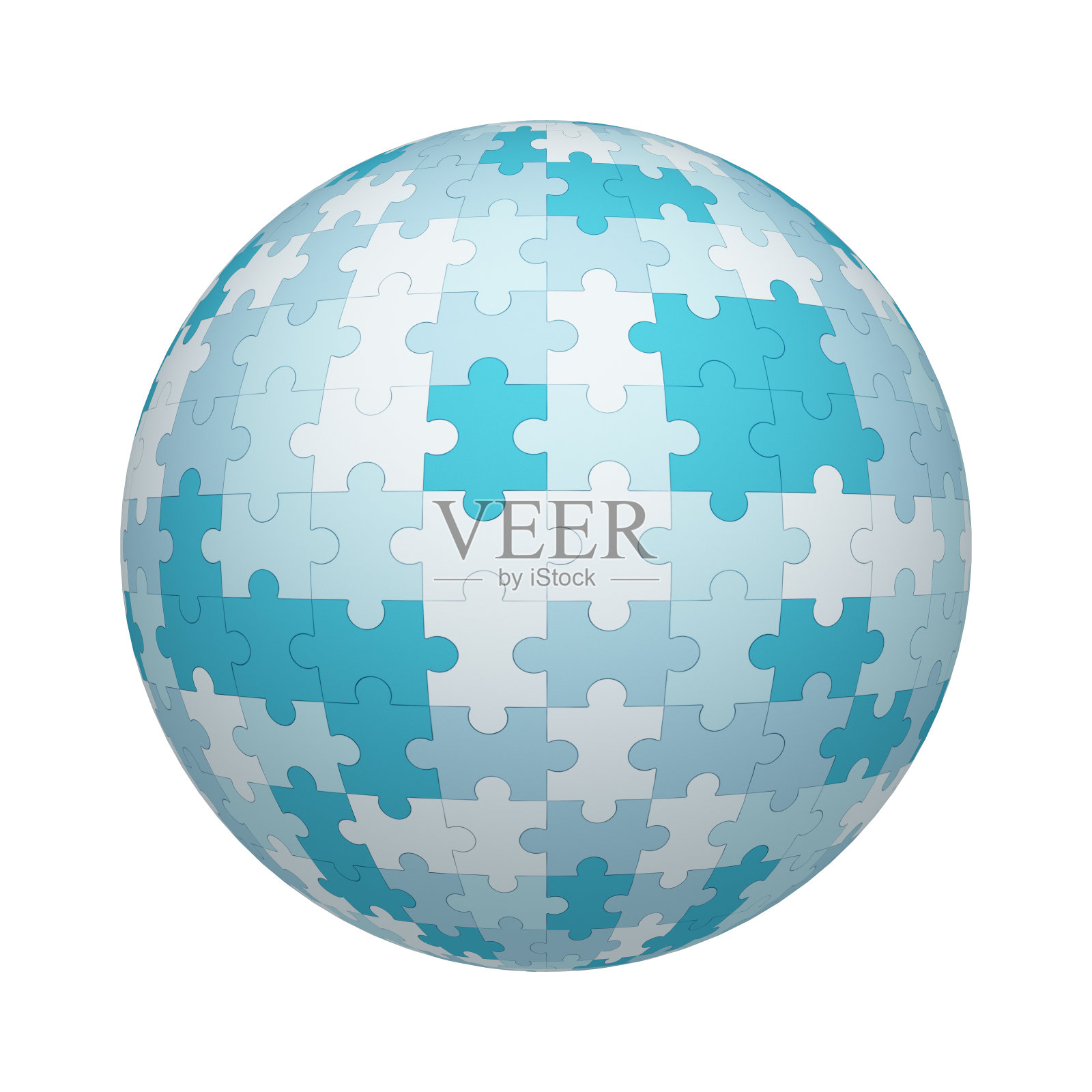 白色和蓝色拼图碎片图案纹理球或球形状孤立在白色背景。模型设计。3 d抽象插图照片摄影图片