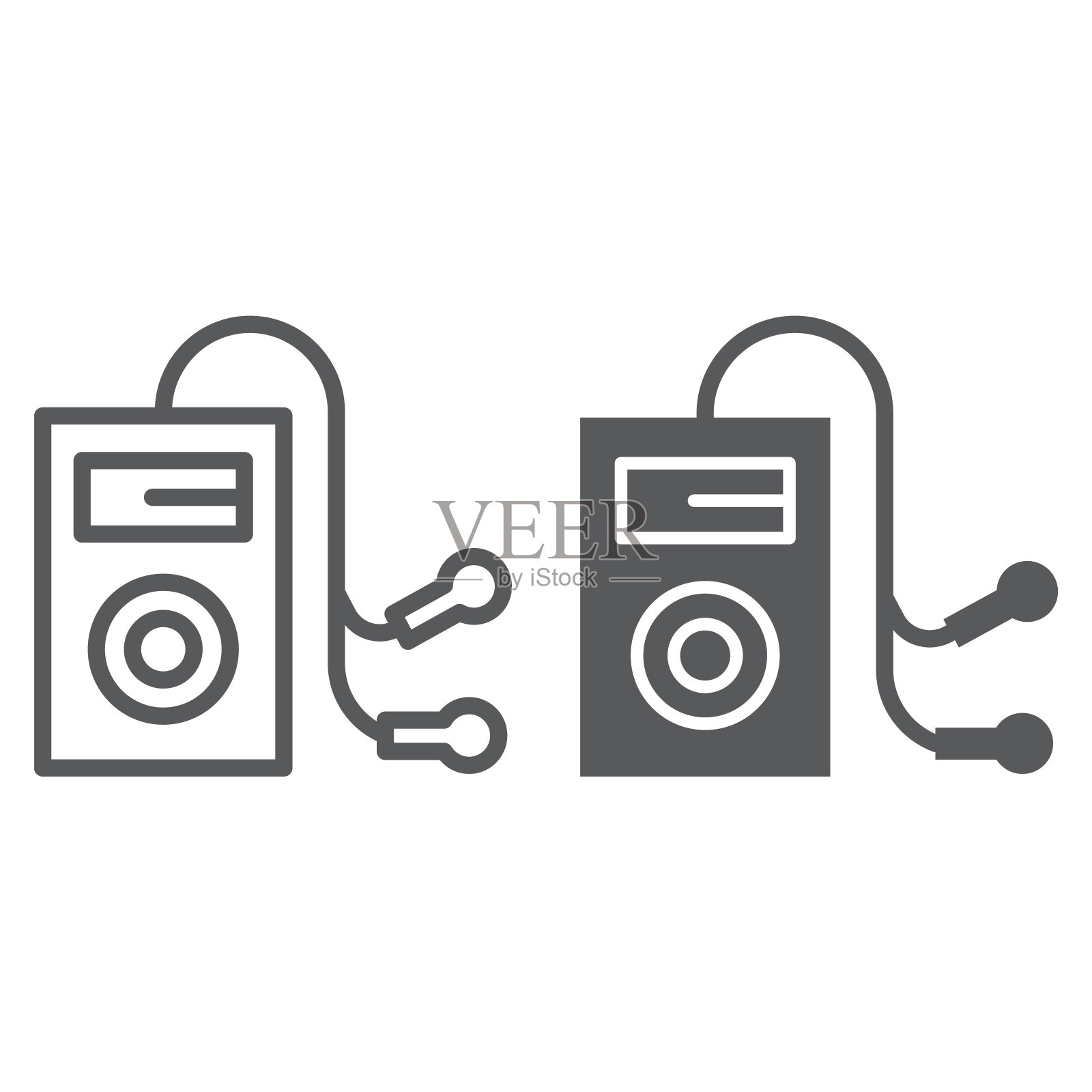 Mp3播放器线条和字形图标、音频和声音、音乐播放器符号、矢量图形、白色背景上的线性图案。图标素材