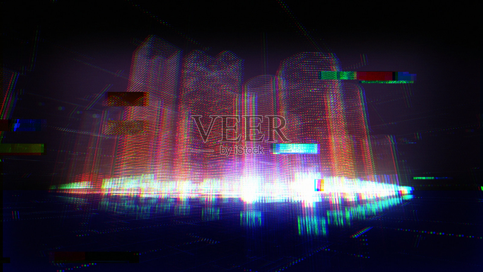带有小故障效果的3D数字城市照片摄影图片