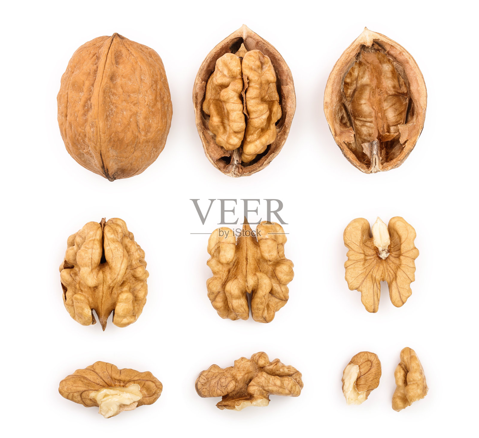 白色背景上孤立的核桃。前视图。平的。设置或集合照片摄影图片