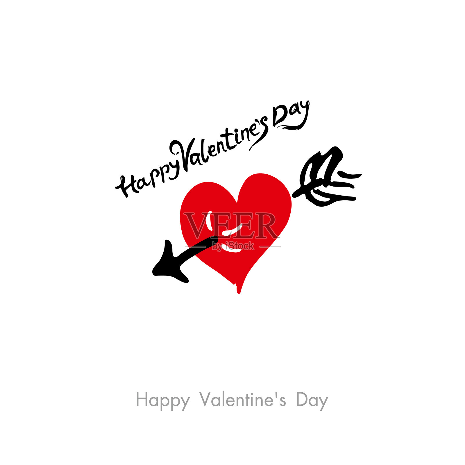 情人节快乐现代书法。黑色书法文字与红色的心被箭刺穿孤立在白色的背景。插画图片素材