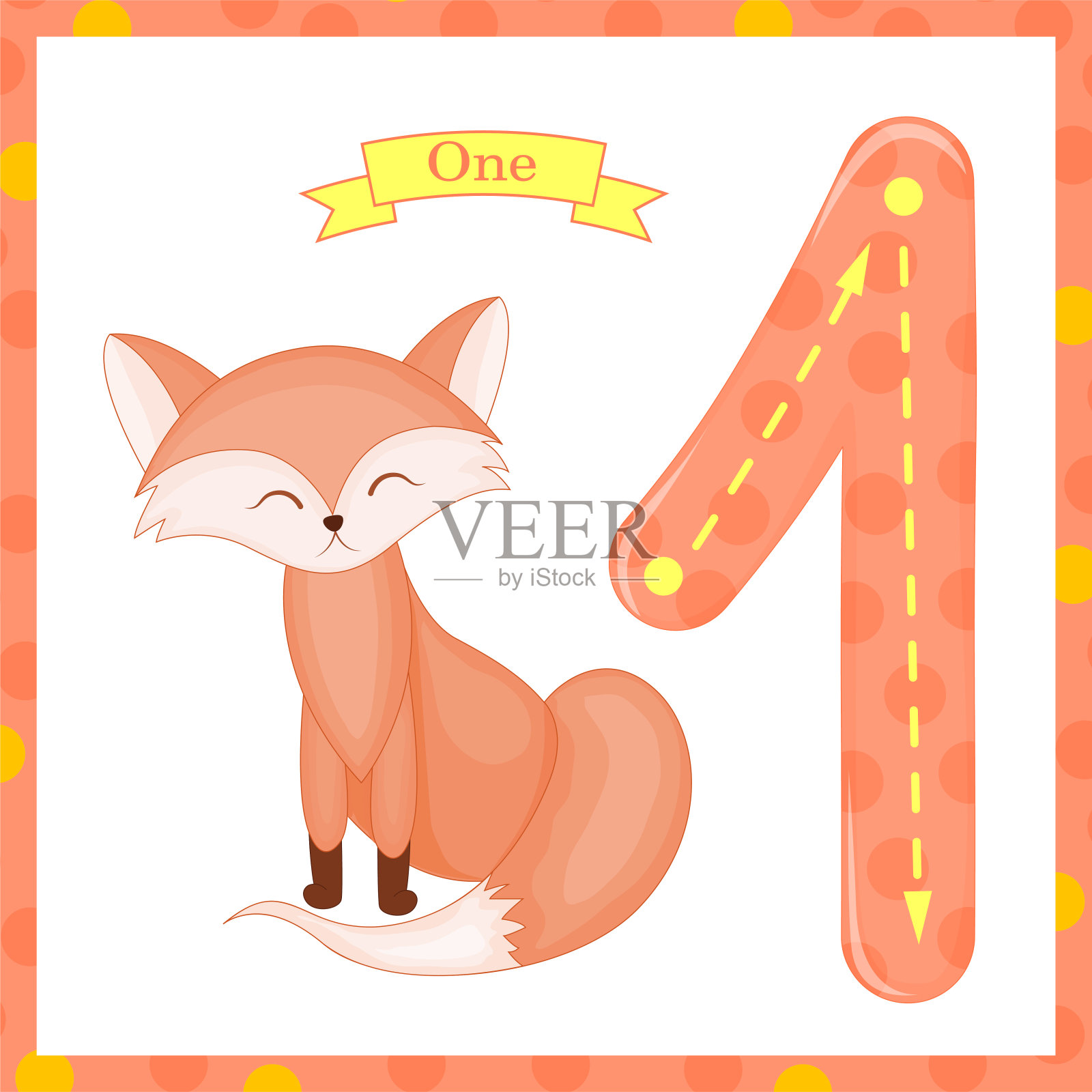 可爱的儿童抽认卡1追踪1狐狸为孩子学习计数和写作。学习数字0-10，闪存卡，教育学前活动，儿童工作表插画图片素材
