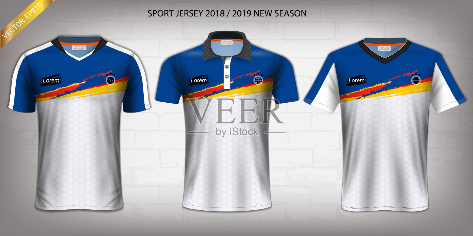 足球运动衫和t恤运动模型模板，运动服制服的图形设计，如足球，排球，网球，羽毛球，乒乓球，橄榄球等，矢量EPS10完全定制。插画图片素材