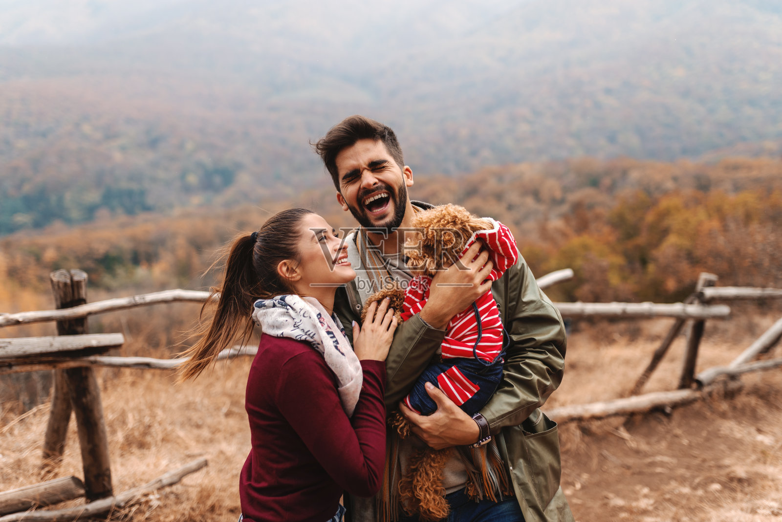 秋日，可爱的情侣站在大自然中，与杏子卷毛狗嬉戏大笑。背景是森林和山脉。照片摄影图片