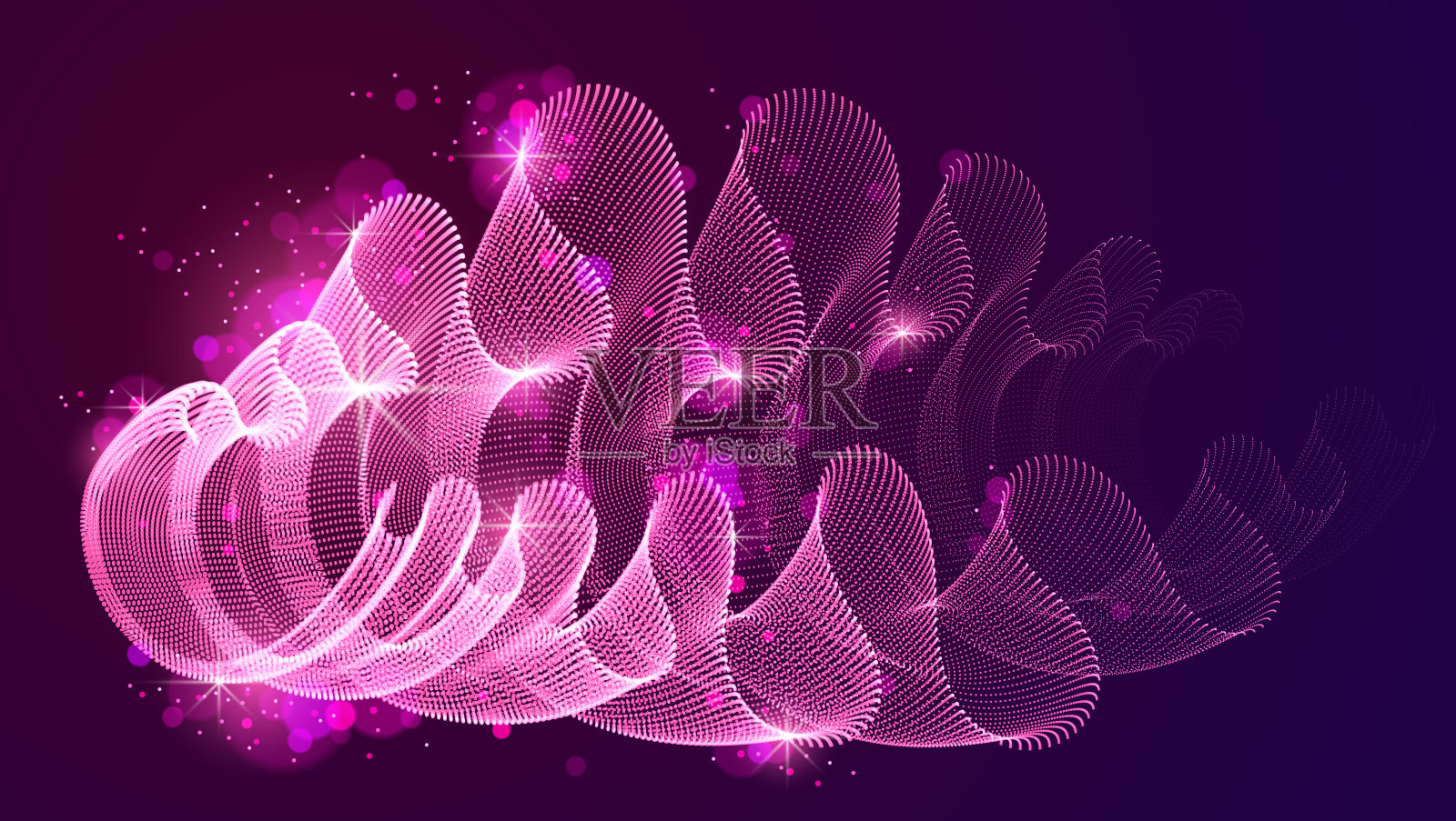 动态魔术粒子波流动在黑暗，透明薄纱织物上的风。虚线矢量抽象背景。美丽的3d波状阵列混合点。插画图片素材