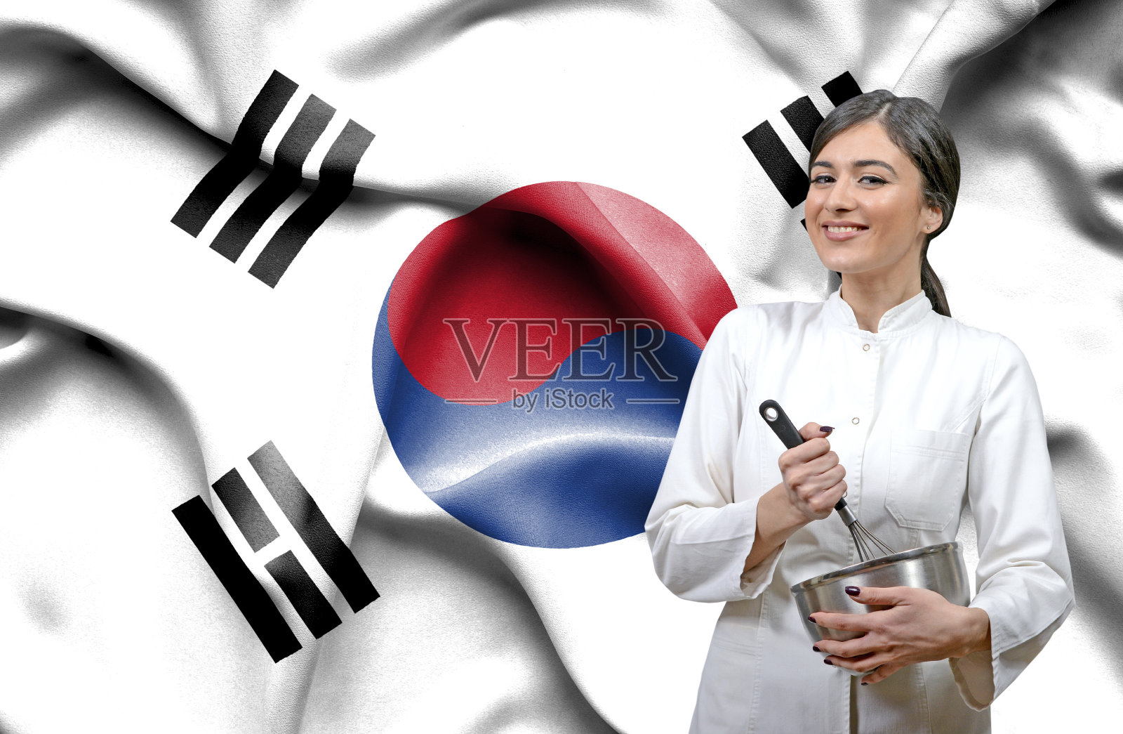 女厨师对抗韩国国旗照片摄影图片
