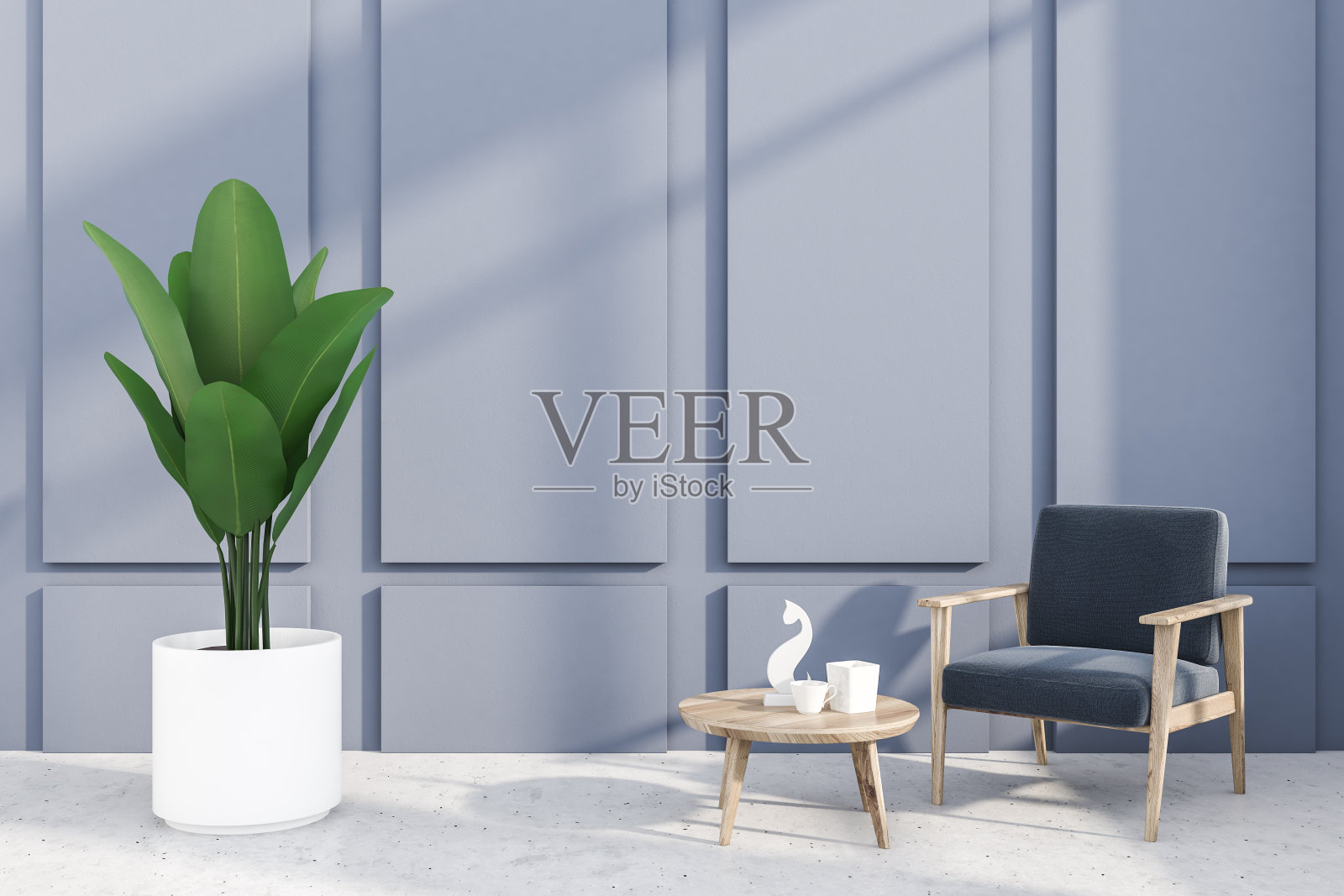 紫色的房间里有扶手椅和桌子照片摄影图片