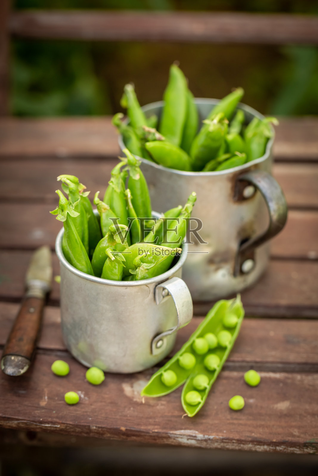 旧铝锅里的健康绿豌豆照片摄影图片