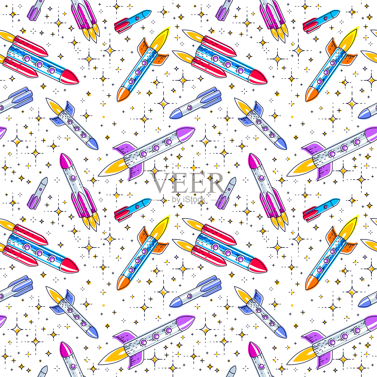 太空无缝的背景与火箭和星星，未被发现的星系宇宙奇妙和有趣的纺织织物的孩子，无尽的瓷砖图案，矢量插图卡通图案。插画图片素材