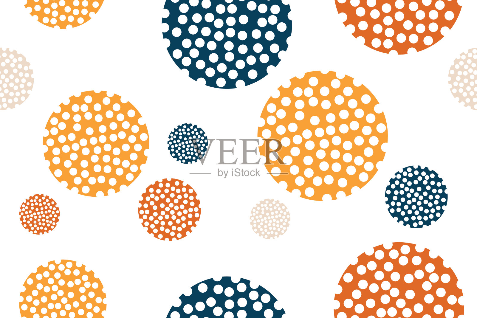 无缝的，抽象的背景图案与圆在单元抽象。有趣的现代矢量艺术。白色背景上的橙色和深蓝色。插画图片素材