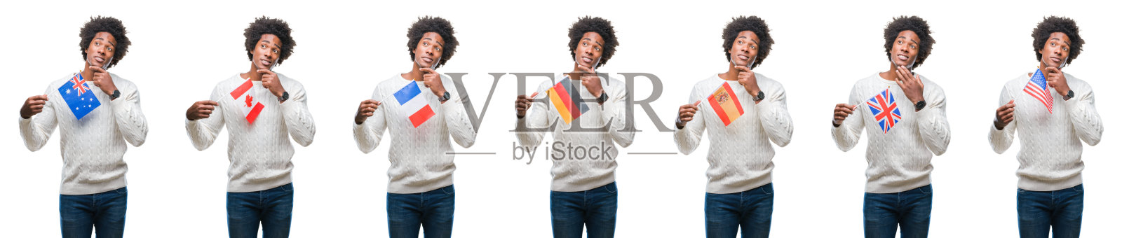 拼贴的非洲裔美国青年举着国旗越过孤立的背景严肃地面对思考问题，非常困惑的想法照片摄影图片