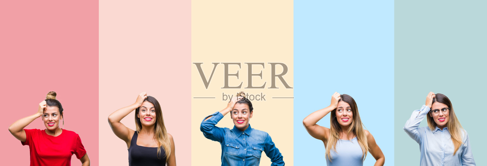 年轻美丽的女子拼贴在五颜六色的条纹孤立的背景困惑和疑惑的问题。不确定用怀疑，用手思考。沉思的概念。照片摄影图片