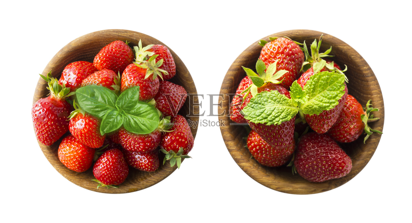 前视图。白色背景上有两个孤立的草莓碗。成熟的草莓特写。背景的浆果。甜多汁的浆果与复制空间的文本。白色背景上的水果。各种新鲜的夏季浆果。照片摄影图片
