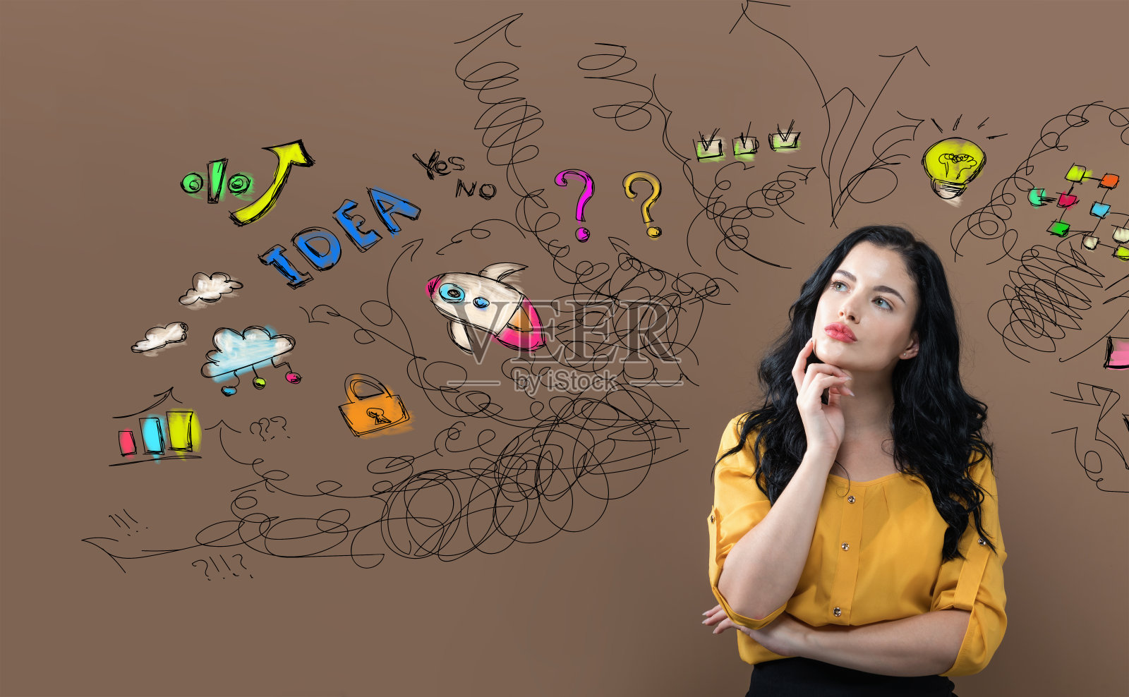 许多想法与年轻的女商人照片摄影图片