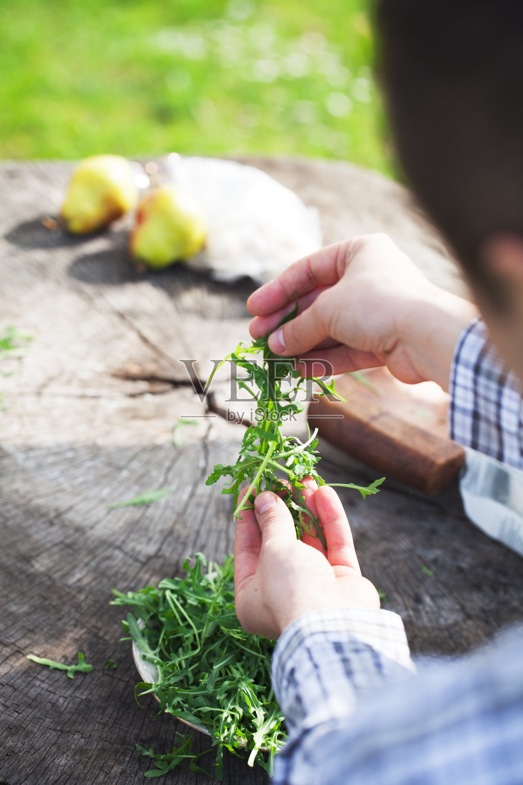 农夫手里拿着火箭沙拉照片摄影图片