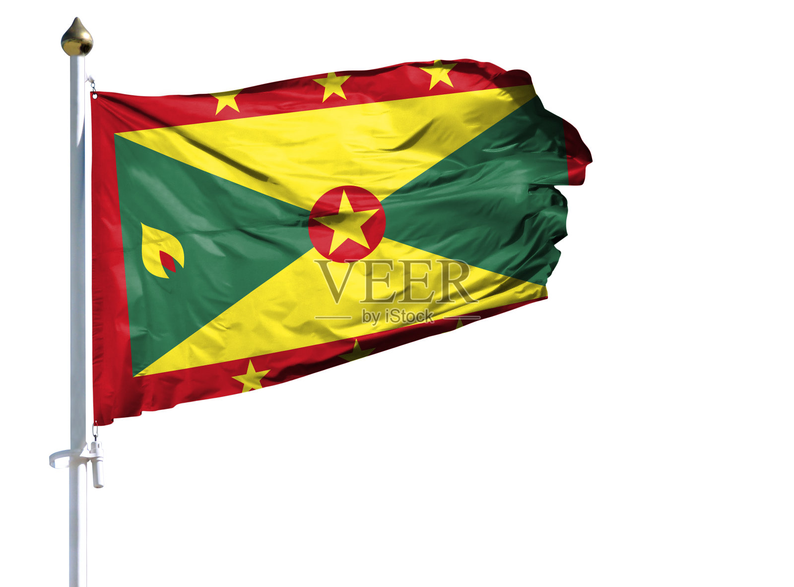 白色背景上孤立的旗杆上悬挂格林纳达国旗照片摄影图片